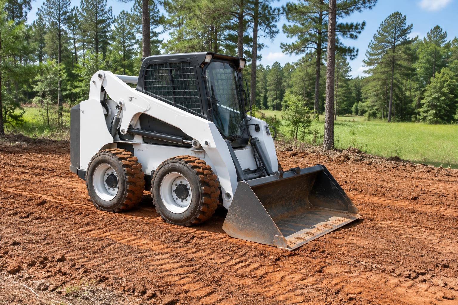 Skid steer with bucket on a Georgia red clay lot